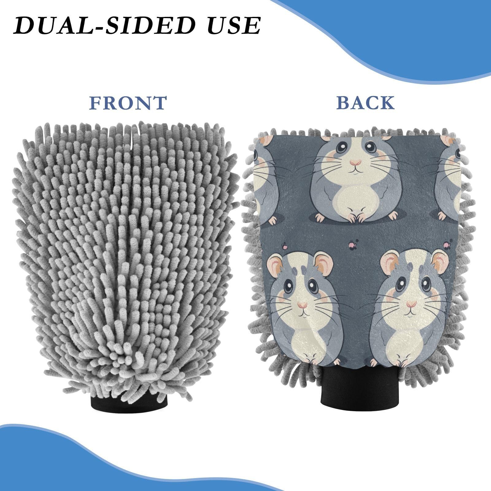 ALAZA Cute Hamster Kawaii Car Wash Mitt Scratch Free, 2 Pack Absorbent Microfiber/Chenille Washing & Drying Mitts, L