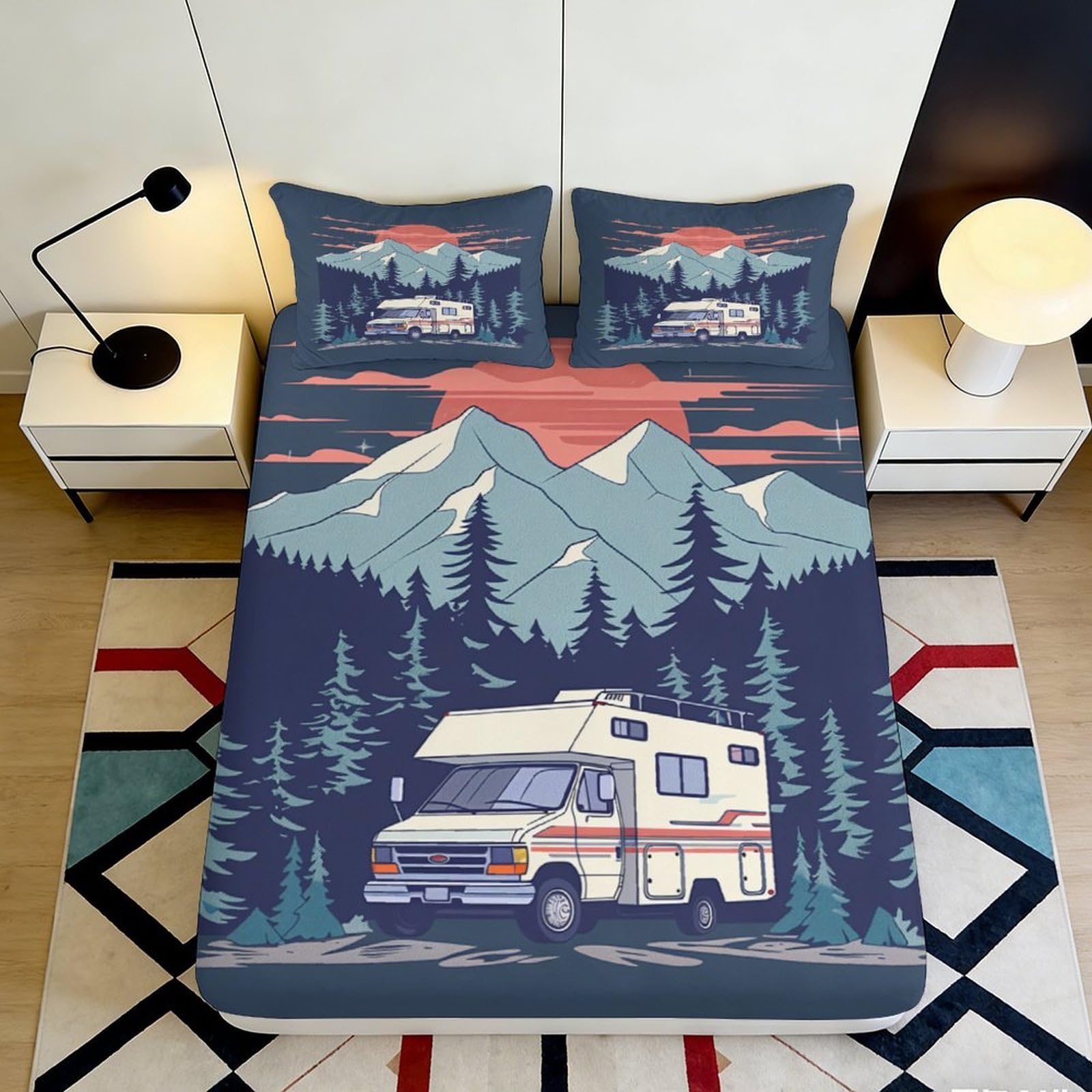 Pnayamiorkfel Style-4 3D Printed Camper Forest Fitted Sheet Microfiber Scenic Mountain Bed Cover For Bedroom Guest Room Decor 90X200x25cm