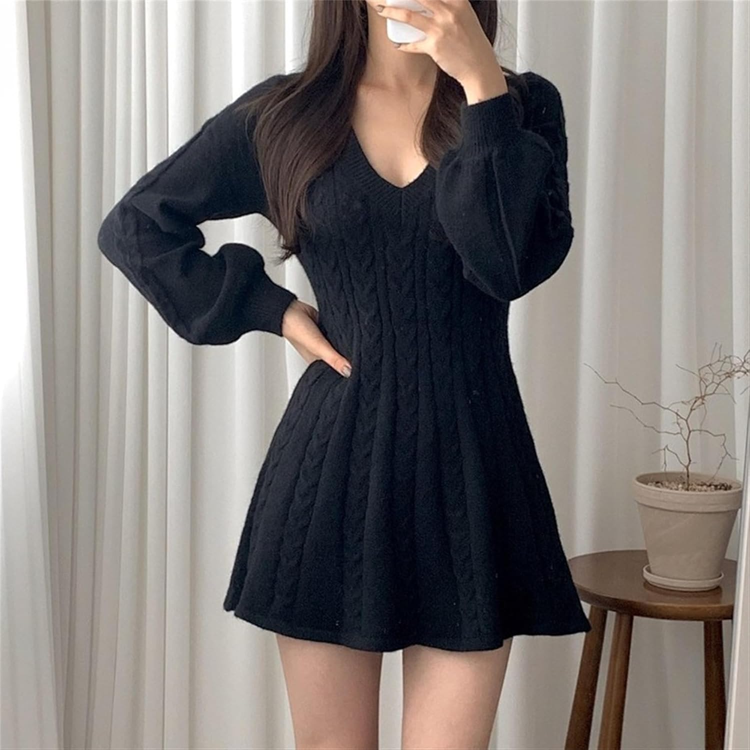 Women's V Neck Ribbed Knit Midi Dress Casual Chunky Cable Pullover Dress Long Sleeve Elegant Bodycon Sweater Dress