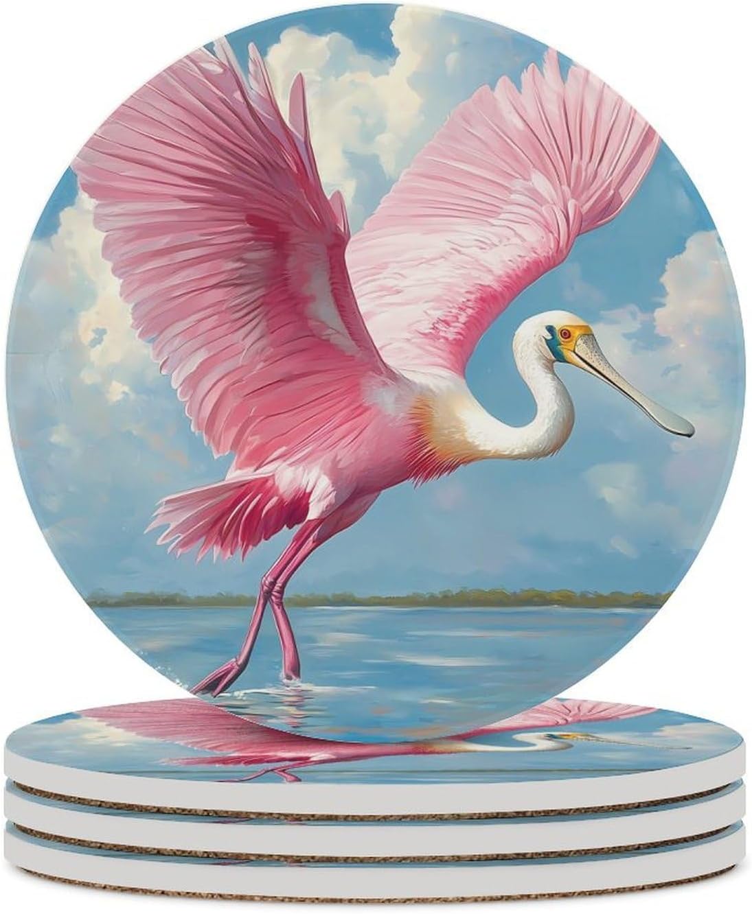 Roseate Spoonbill Cute Funny Round Ceramic Coasters for Drink Absorbent Cup Holders Tabletop Protection
