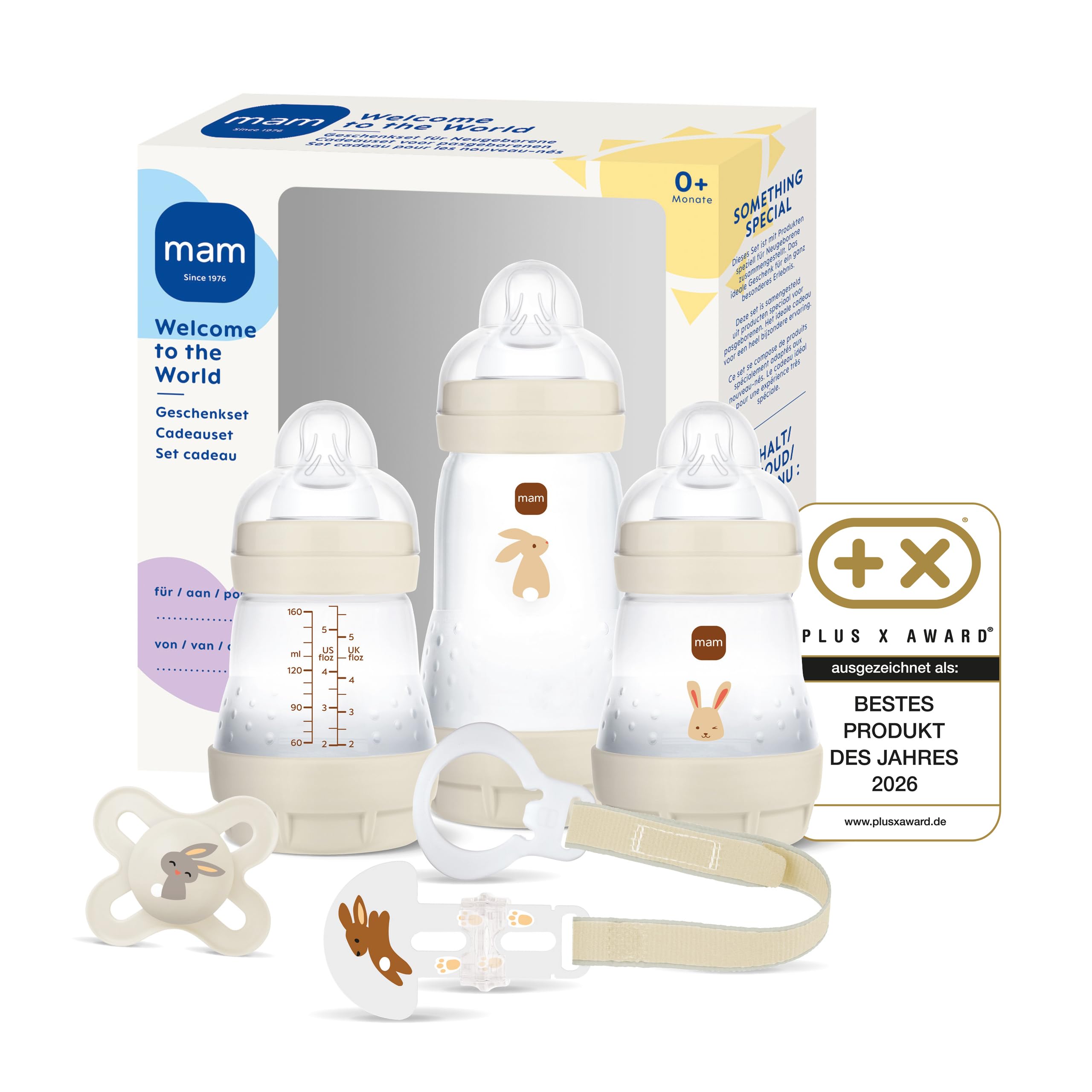 MAM Easy Start Anti-Colic Welcome Set | 0+ Mon | Baby Erstausstattung mit 3 Anti-Colic Babyflaschen Schnuller und Schnullerband | hochwertiges Baby Geschenk Set | beige