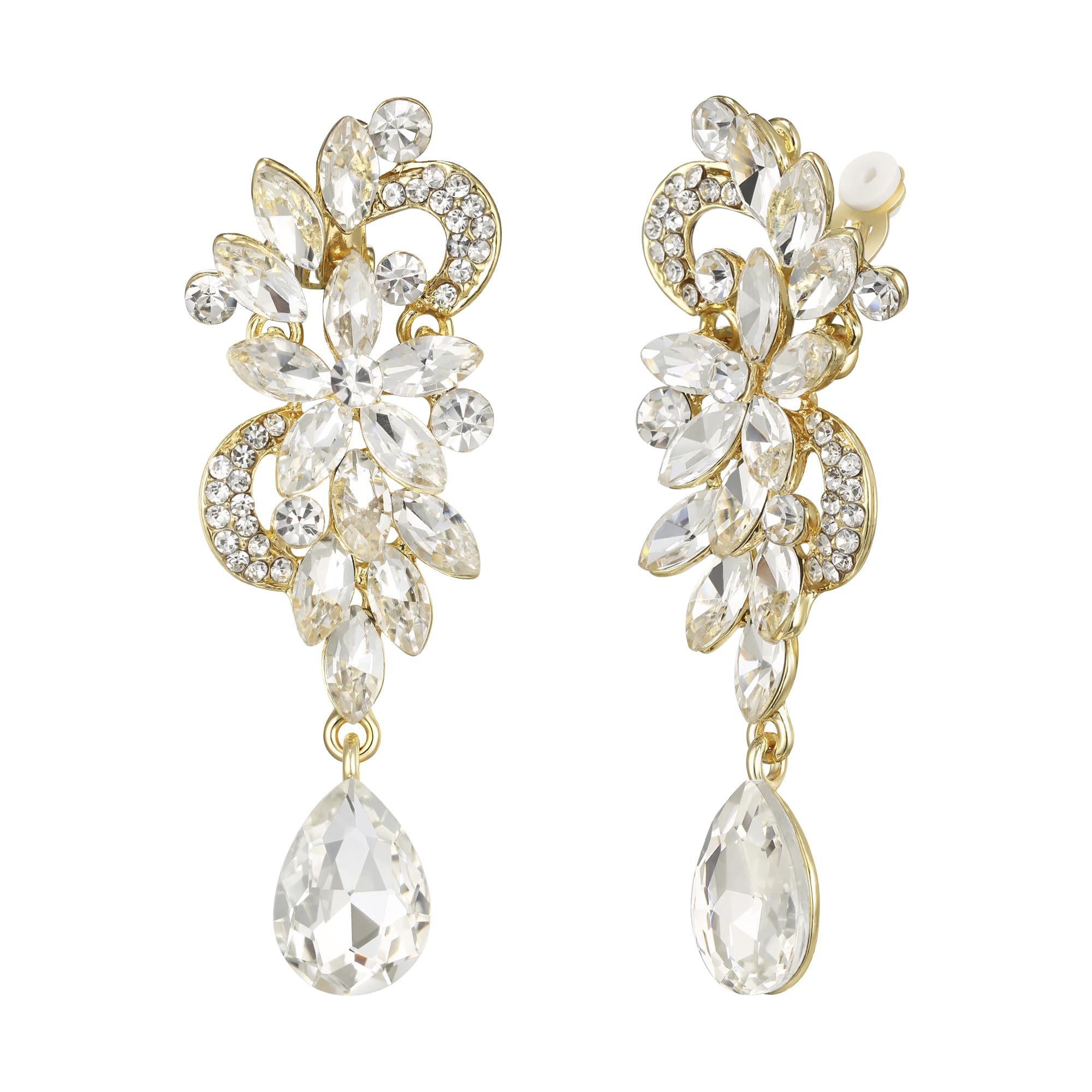 BriLove Women's Bohemian Boho Crystal Flower Wedding Bridal Chandelier Teardrop Bling Clip-On Dangle Earrings