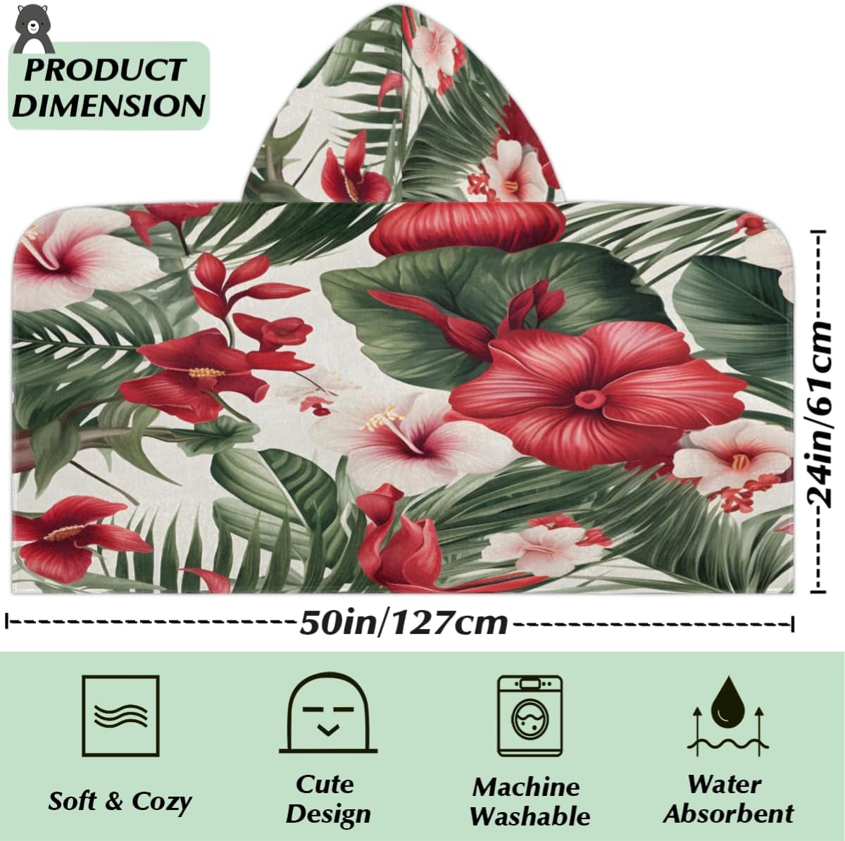 Kids Bath Towel Palm Poppy Flower Beach Towel with Hood Pool Cover Up for Girls Boys Soft Absorbent Hooded Bath Towel Toddler Towels for Beach, Pool