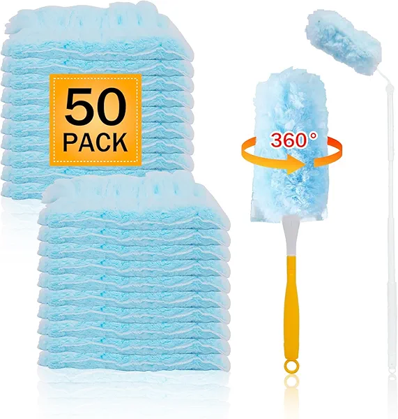50PCS 360° Duster Refill for Swiffer Duster, Heavy Duty Refills Disposable Microfiber Duster Feather Duster Kit with1 Short Handle and 1 Extenda Handle