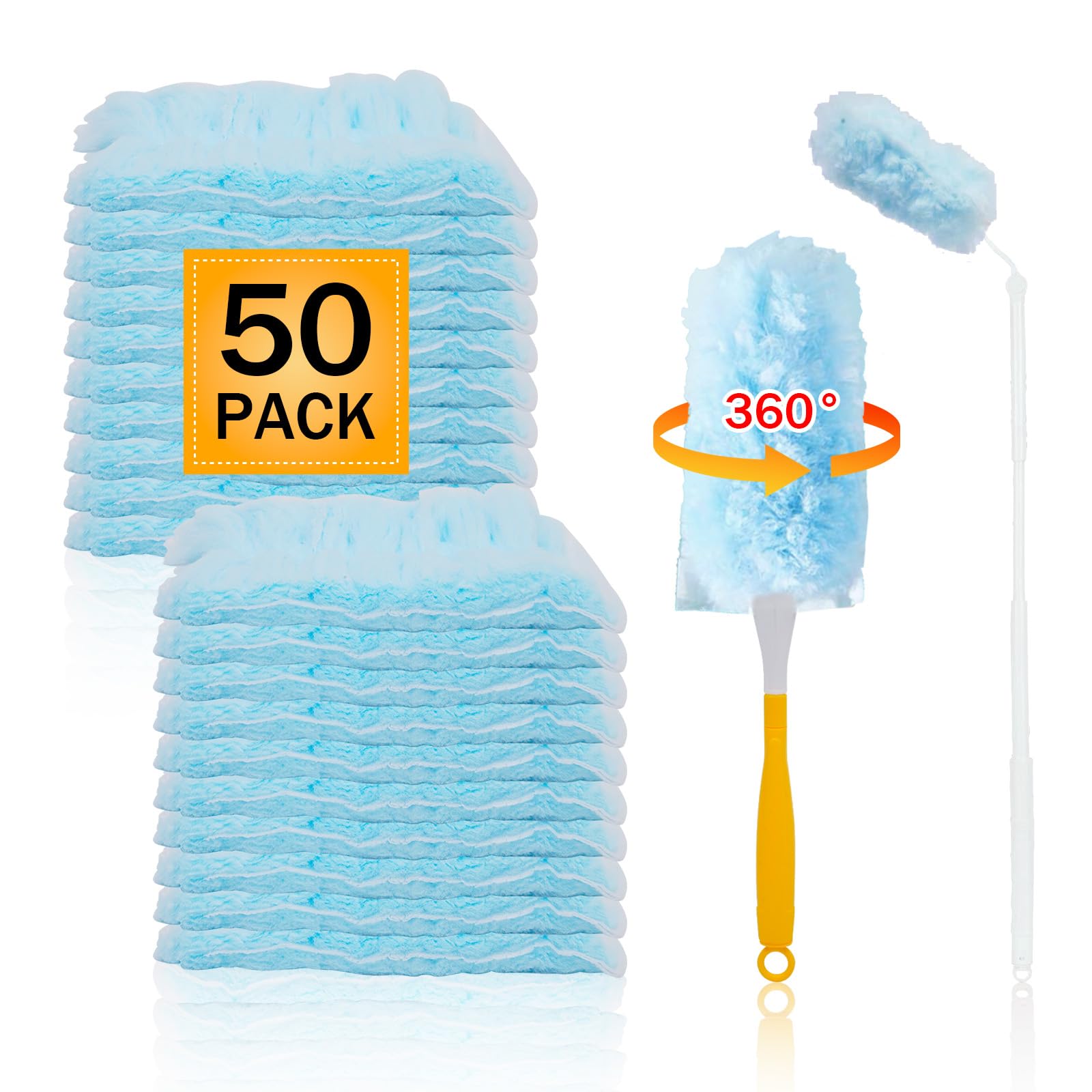 50PCS 360° Duster Refill for Swiffer Duster, Heavy Duty Refills Disposable Microfiber Duster Feather Duster Kit with1 Short Handle and 1 Extenda Handle