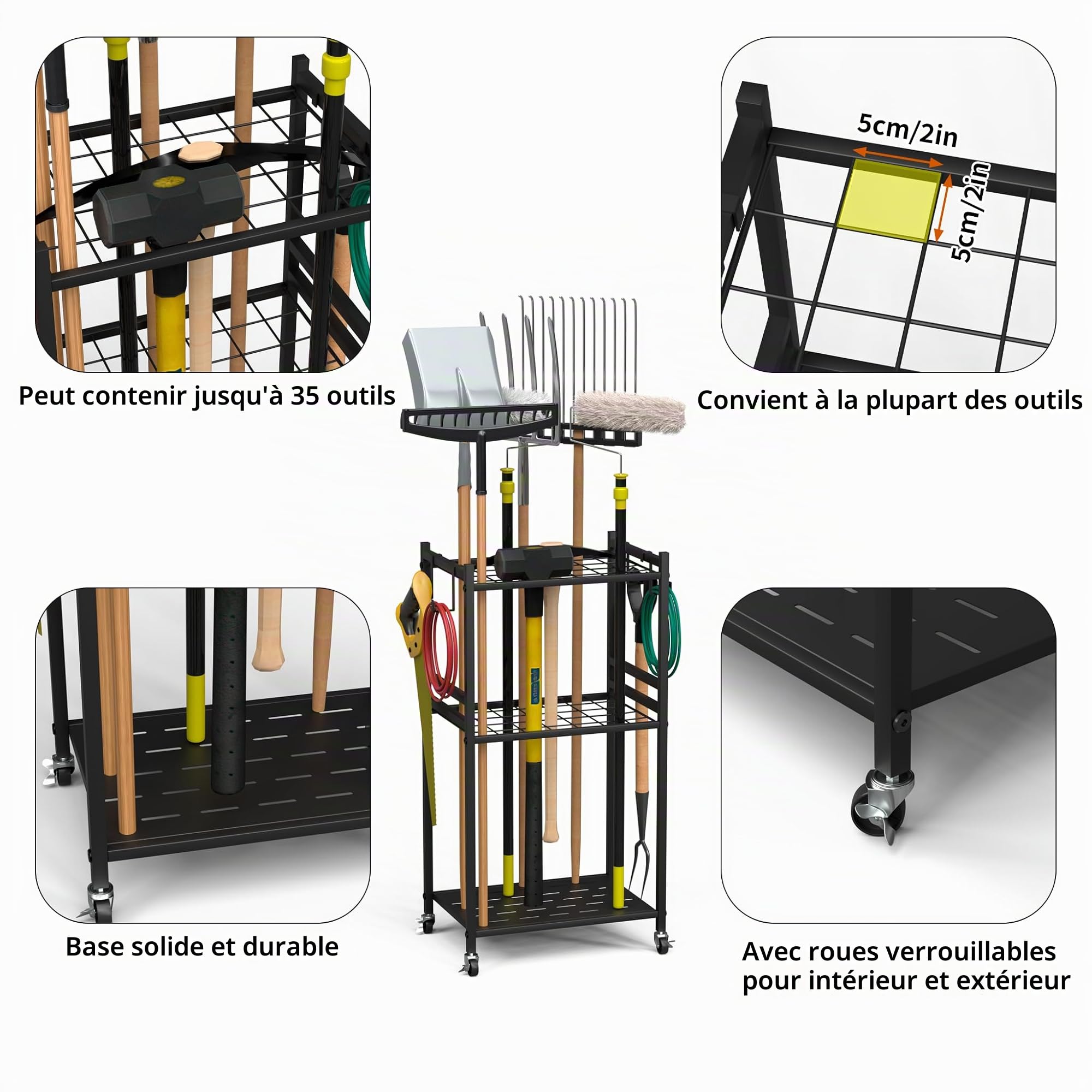 Rangement outils jardin 3 niveaux,polyvalent,roulettes freinables, M | 42*30*85cm, 35 positions, outils longs/courts, 4 crochets, robuste, roulettes freinables, anti-rouille, jardin/garage…