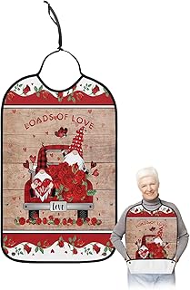 BOBOWUNY Valentine Truck Adult Bibs for Elder Women Men Eating, Red Love Heart Gnomes Roses Vintage Wood Waterproof & Washable Bibs for Eating Clothing Protector Dining Bibs for Crumb Catcher