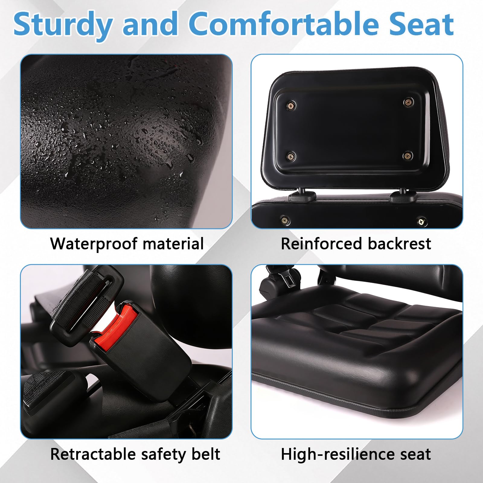 Asiento universal para tractor, asiento plegable para carretilla elevadora con respaldo ajustable y cinturón de seguridad, reposacabezas ajustable en 3 posiciones, reposabrazos plegables y rieles