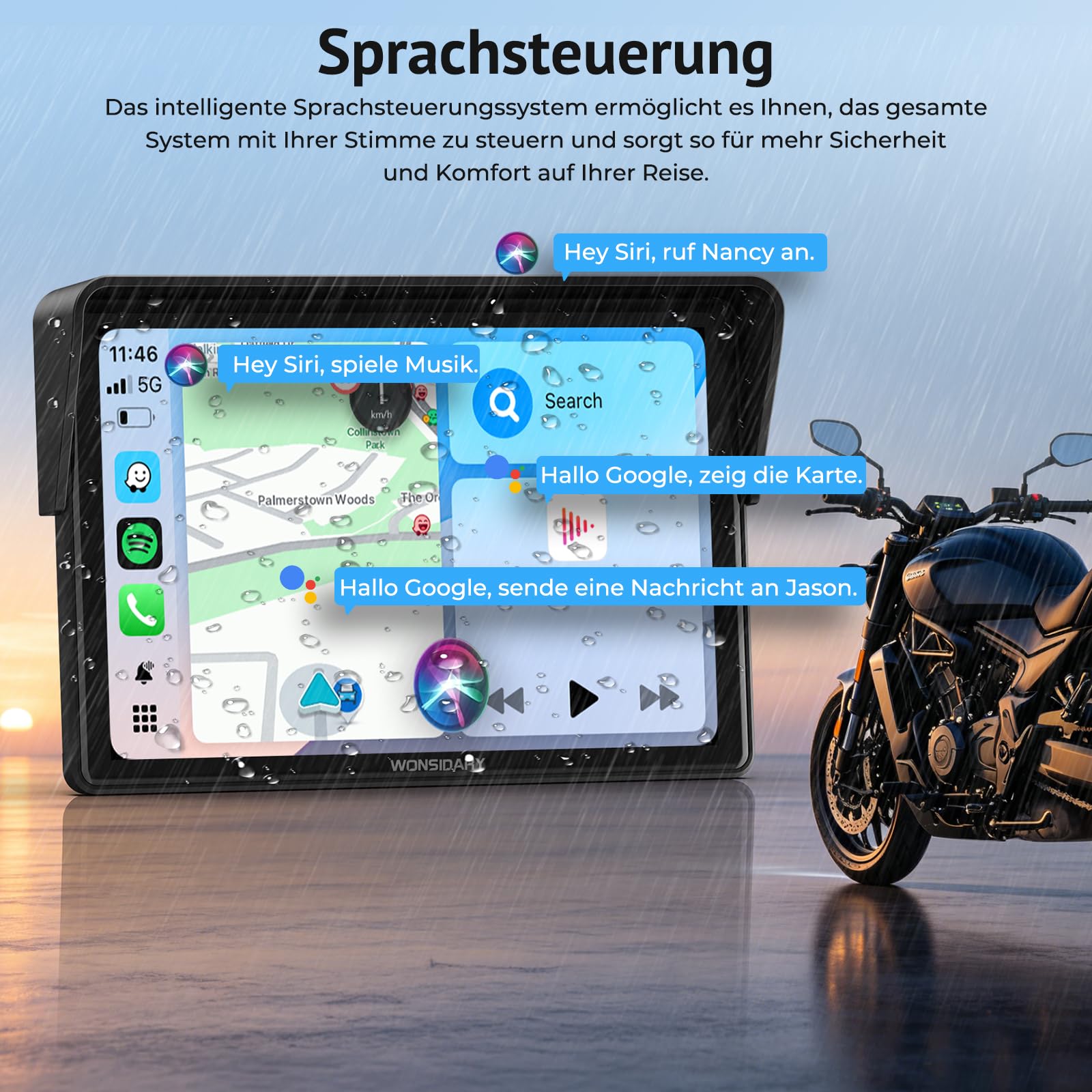 W522TPMS 5 Zoll Motorrad CarPlay Display mit TPMS & Android Auto | Motorrad Navi Display mit IP67 Wasserdichtes ,Dual Bluetooth, Sprachsteuerung, EQ，USB & ACC Anschluss für Motorrad Reisen