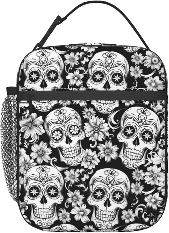 ainori Goth Sugar Skull Insulated Lunch Box, Reusable Thermal Lunchbox with Day of the Dead Theme, Portable Handbags for Office, Beach, Camping, Road Trip, Hiking, Halloween Gifts for Gothic Lovers