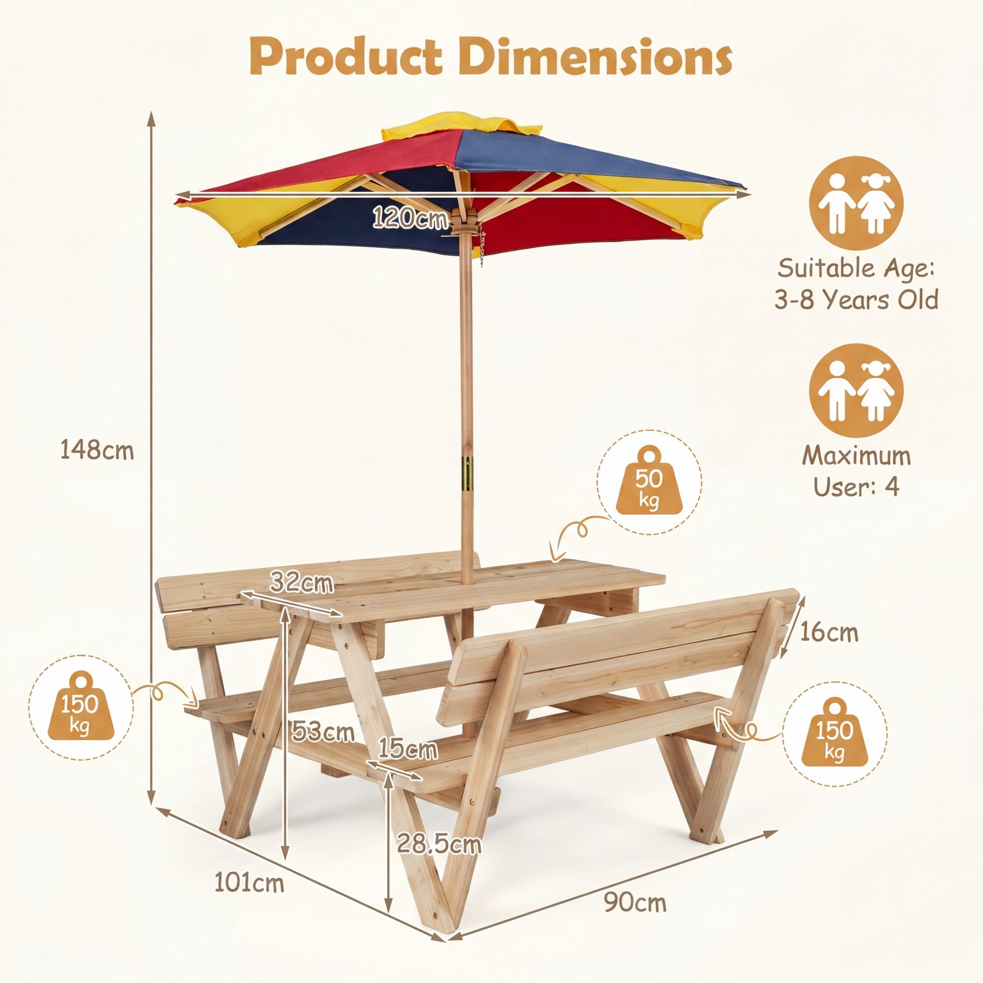 LIFEZEAL Tavolo da Picnic per Bambini con Ombrellone Rimovibile Legno Abete 4 Posti 3-8 Anni