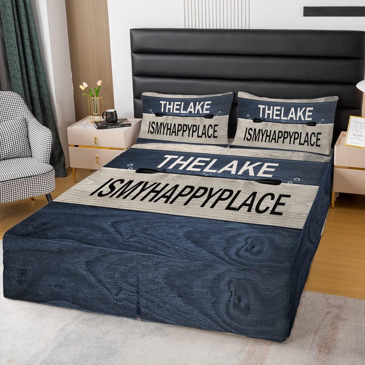 Rustic Farmhouse Bed Skirt, Lake House Bedskirt King for Kids Teens Adult Women Bedroom Decor,Boating Paddle Decor Bed Skirts Vintage Wooden Barn Door Bed Set Lake House Decor for The Home