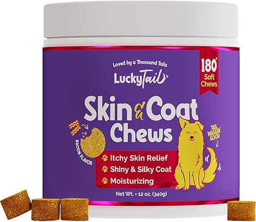 LuckyTail - Aceite de salmón salvaje de Alaska para perros para masticar piel y pelaje, biotina, aceite de linaza, aceite de coco para perros, Omega