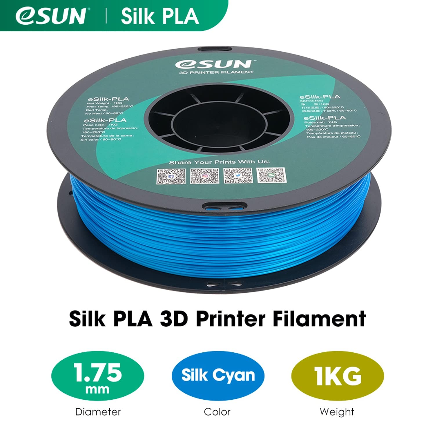 eSUN Filamento PLA Seta 1.75mm, Filamento PLA per Stampante 3D Lucido Serico, Precisione Dimensionale +/- 0.05mm, Bobina da 1KG (2.2 LBS) Filamento per Stampa 3D per Stampanti 3D, Seta Ciano