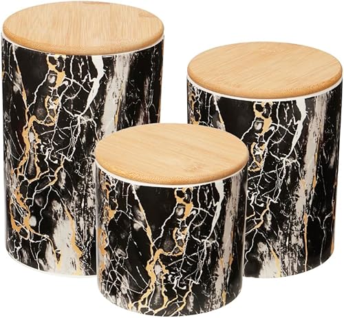 Home Basics Botes de cocina de 3 piezas con diseño de mármol (negro) modernos juegos de recipientes para la cocina  Con tapas de bambú