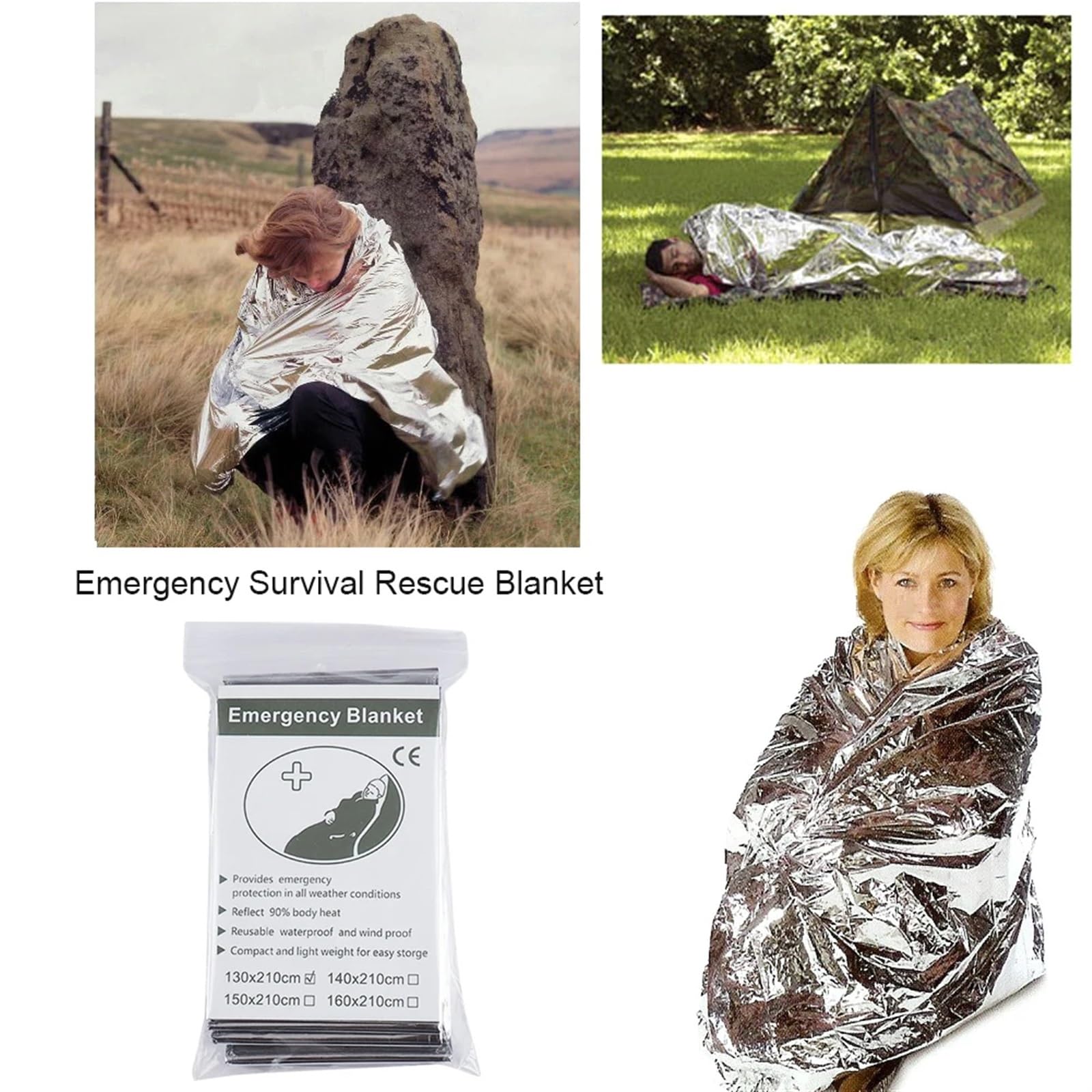 Manta de Emergencia for Exteriores, botiquín de Primeros Auxilios y Rescate, Manta térmica de Aluminio de 130x210cm for Campamento, 20-2 uds.(20 Pcs)
