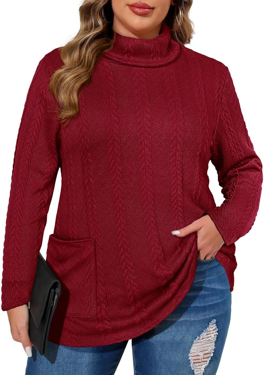 TIYOMI Plus Size Sweaters for Women Long Sleeves Cable Knit Turtleneck Top with Pockets Solid Lightweight Pullover Top Xl-5Xl