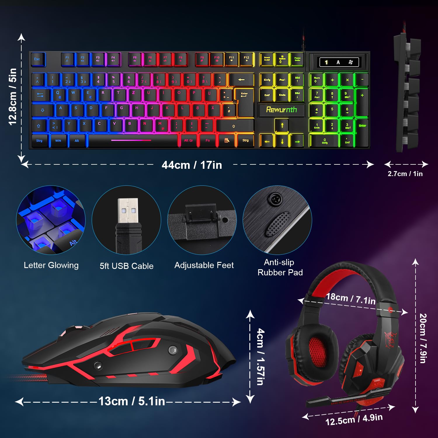 Set tastiera e mouse da gioco con cuffie, QWERTZ DE, tastiera illuminata RGB, mouse da gioco a LED, 4 colori, cuffie over-ear, grande tappetino per mouse, cavo USB per PC Mac PS5 Xbox