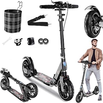 Kick Scooter for Ages 6+,Kid, Teens & Adults - Max Load 300 LBS, 4 Adjustable Levels, 200mm Big Wheel Folding Scooter, Lightweight, Aluminum, Indoor and Outdoor Scooters, Bearing ABE