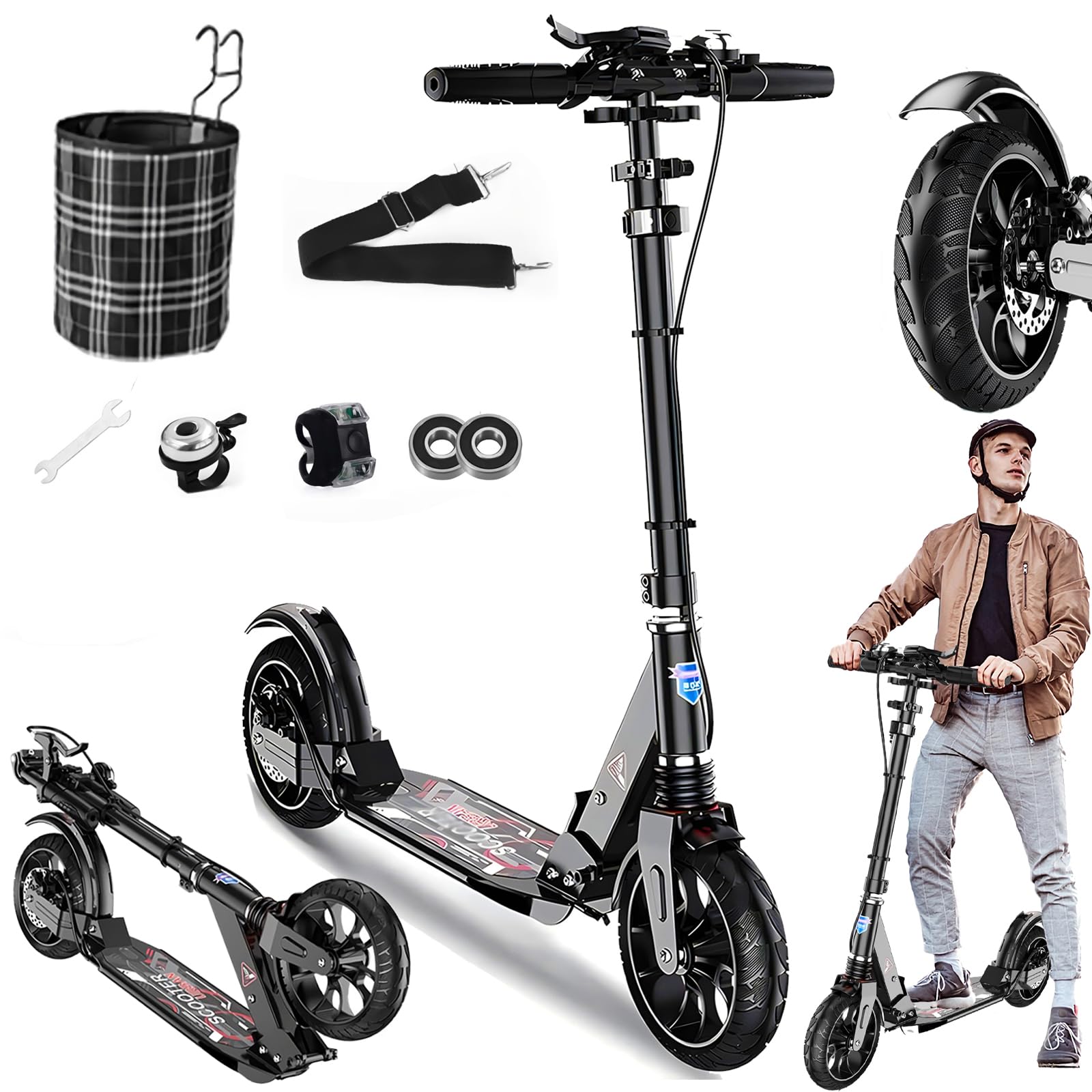 200mm Big Wheel Scooter Tretroller Erwachsene 150 kg Tragkraft, City Roller für Erwachsene mit Bremsen und Stoßdämpfern, Kickboard Klappbar & Höhenverstellbar, Kinder Cityroller 8 Jahre