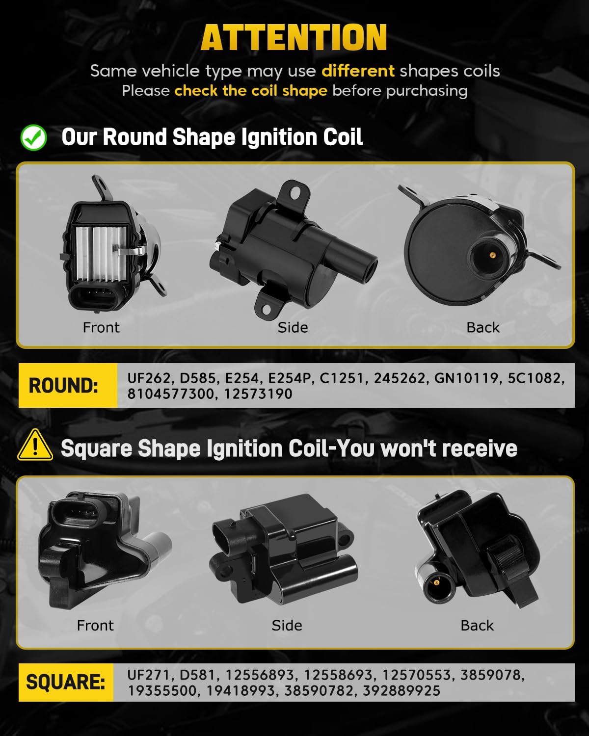 8Pcs UF262 Round Ignition Coils with 9748UU 8mm Spark Plug Wires & 41-962 Platinum Spark Plugs Compatible with Chevy Silverado Suburban Tahoe, GMC Sierra Yukon, Cadillac 4.8L 5.3L 6.0L V8, Not Square