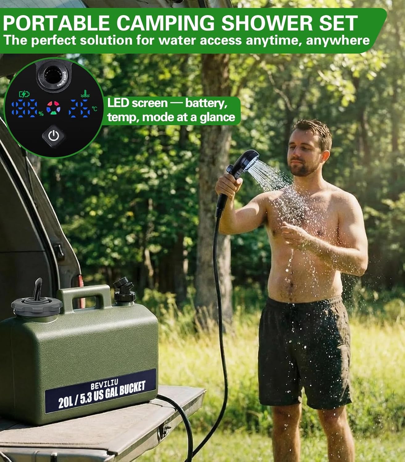 Beviliu Tragbare Campingdusche, 6000 mAh wiederaufladbare Duschpumpe mit 5,5 Gallonen Wassertank, IPX8 wasserdichte Outdoor-Ausrüstung, tragbare Dusche für Camping, Wandern, Reisen, Auto, Haustier