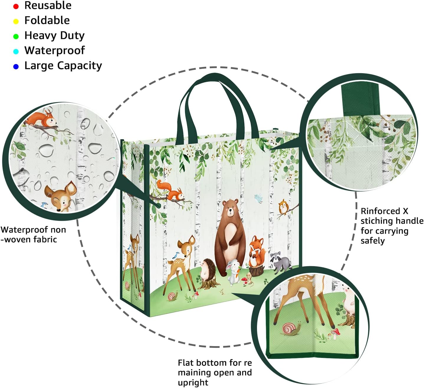 NymphFable 5 Pack Foldable Tote Bags 17.7 * 15 * 5 inches Kids Party & Reusable Candy Goodie Washable Grocery Animal Pattern Treat Shopping Bags - Image 4
