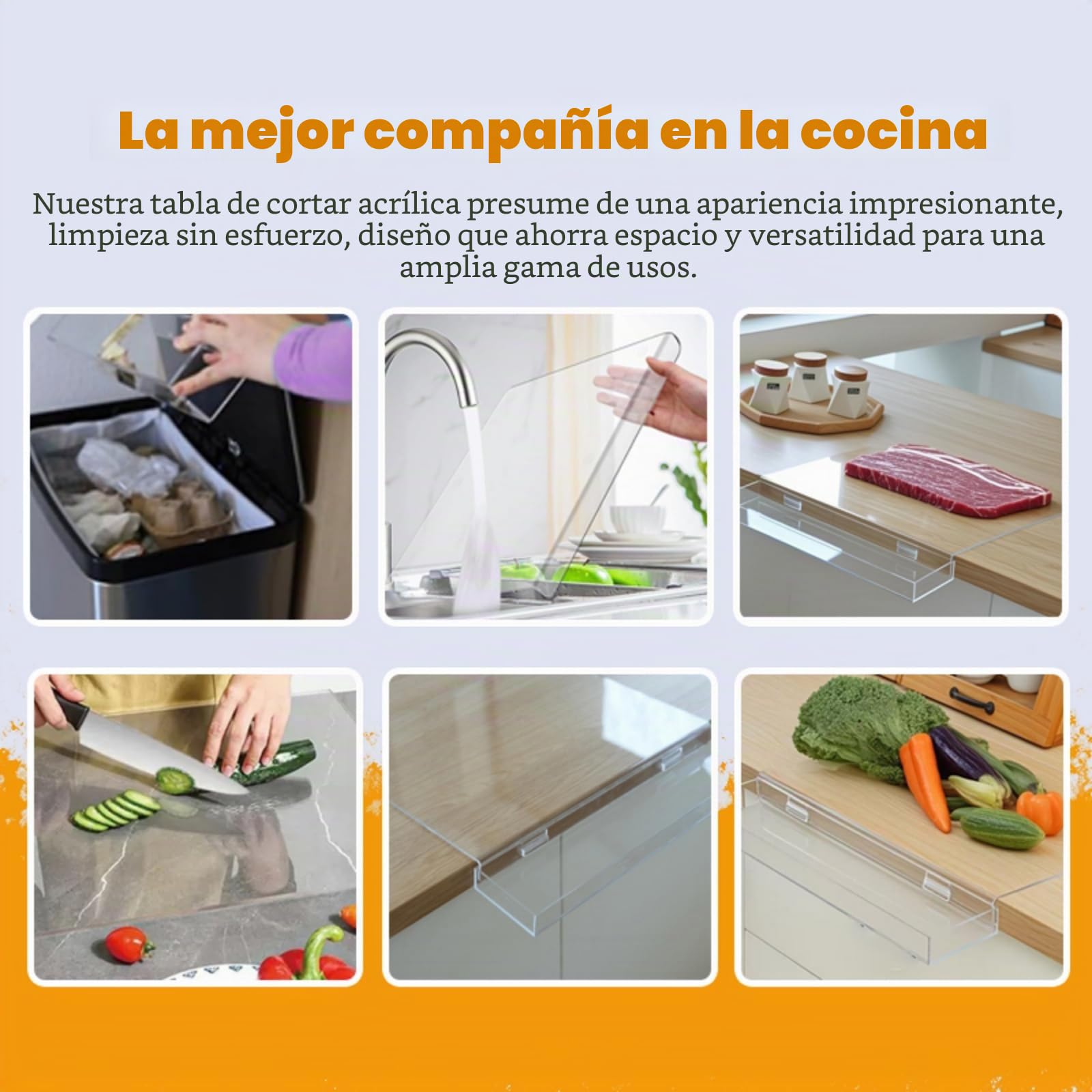 Tabla de cortar acrílica con contenedor de residuos y borde de mostrador | Tabla de cortar grande transparente para encimera de cocina, 60% más gruesa, antideslizante, ideal para cortar verduras