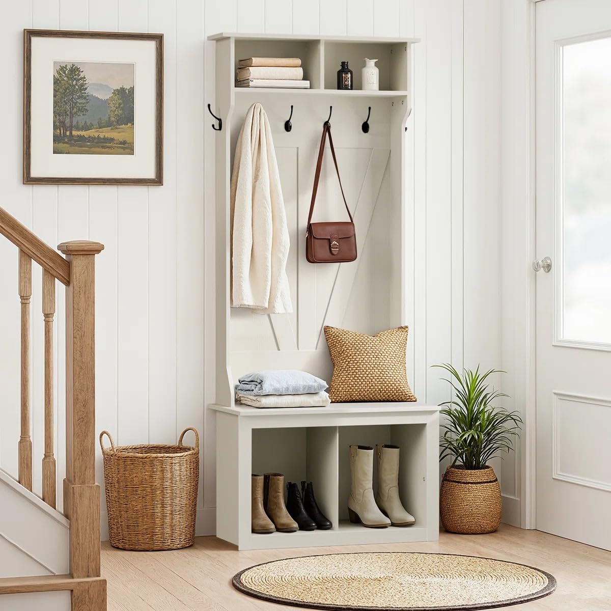 Acurax 75" Hall Tree with Bench & Shoe Storage, 3-in-1 Entryway Bench with Coat Rack, 4 Cubbies, 6 Hooks, Detachable Top for Living Room, Entryway,