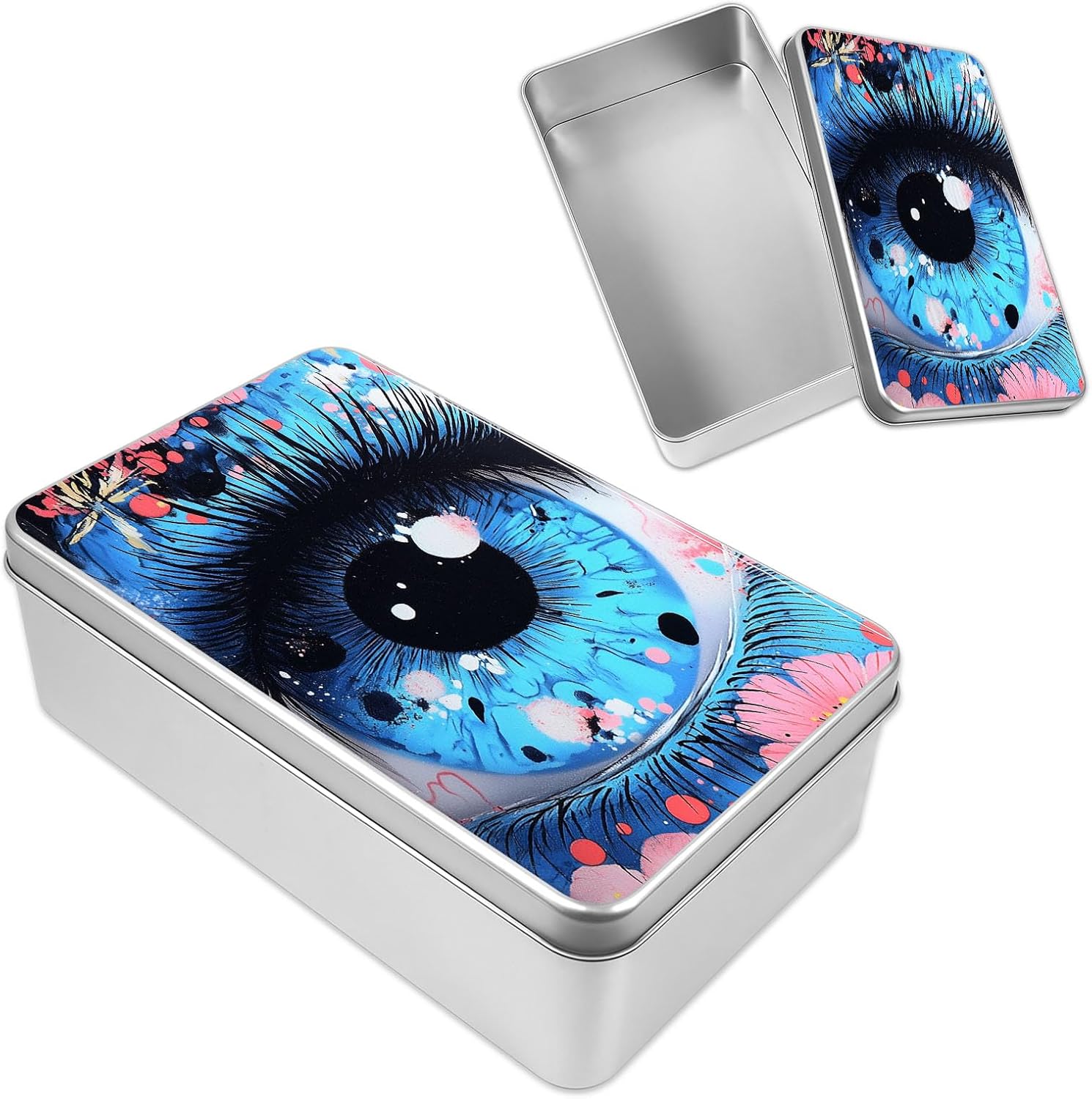 Decorative Metal Tin Box with Art Pattern Lid, Small Gift Container, Psychedelic Blue Eye Mystic Stylish Art Print Custom Pictures & Gift Ready Smooth Edges & Anti-Dent Metal Compact Size