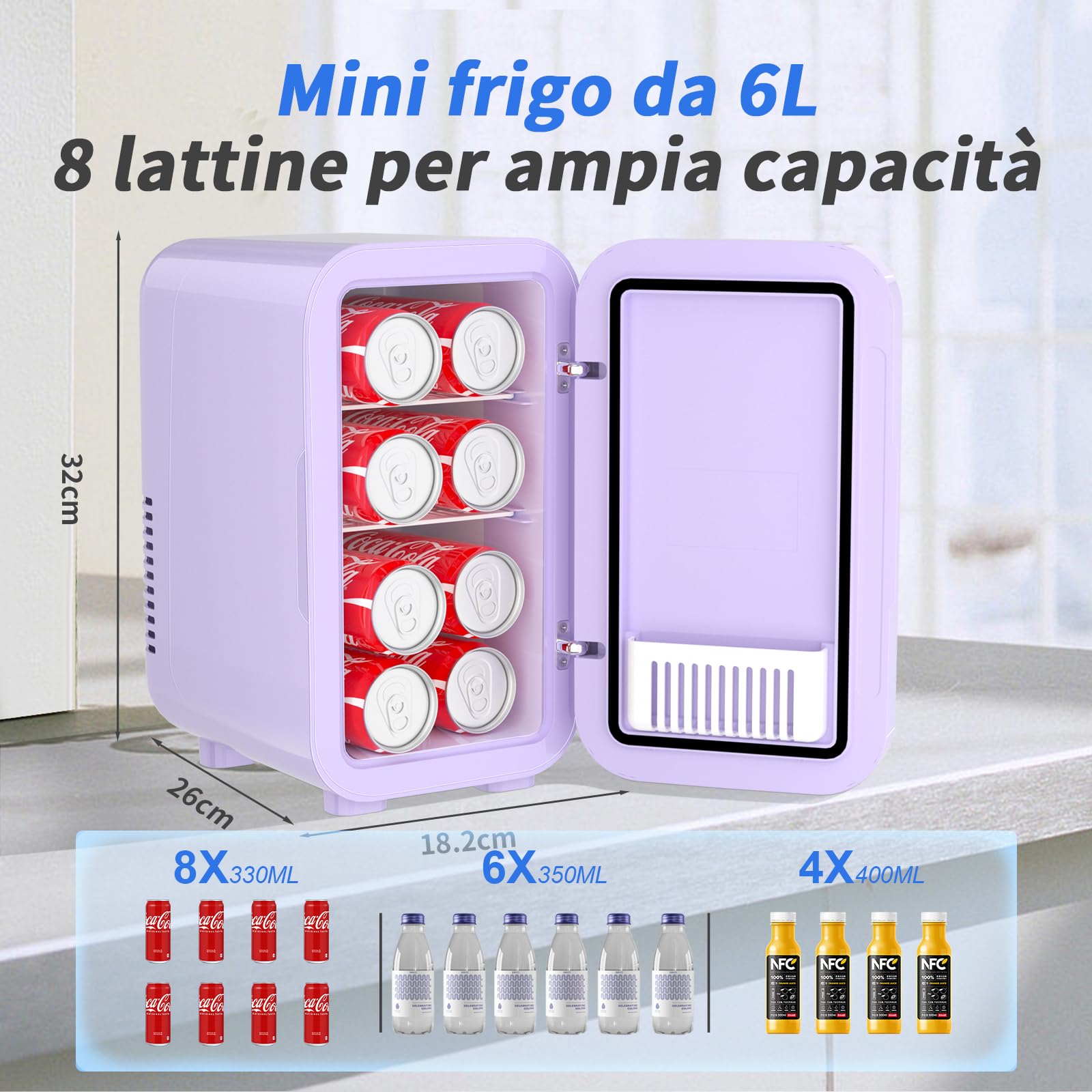 YASHE Mini frigo da 6 litri/8 lattine 220-240 V AC/DC, refrigeratore termoelettrico portatile, frigoriferi, camera da letto, cura della pelle, bevande, ufficio, dormitorio e auto, viola