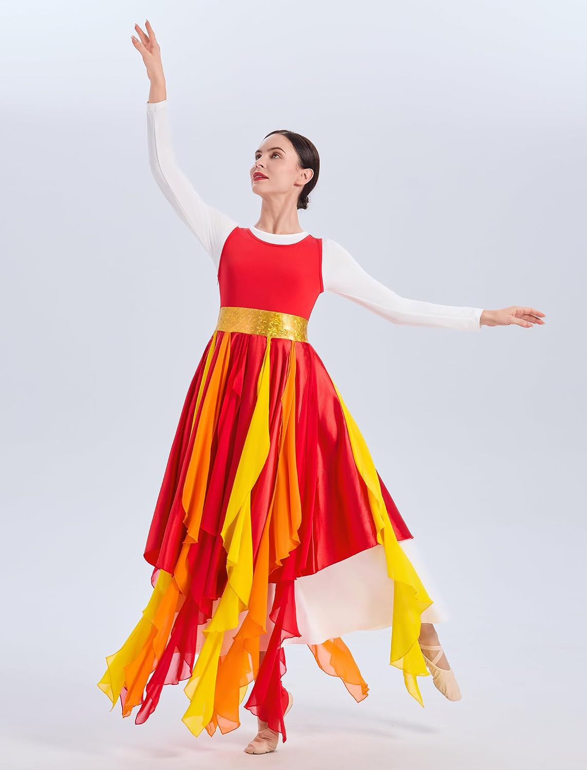 AFAVOM Metallic Praise Dance Dress for Women Rainbow Asymmetric Overlay Tunics Dresses Liturgical Dancewear Worship Costume