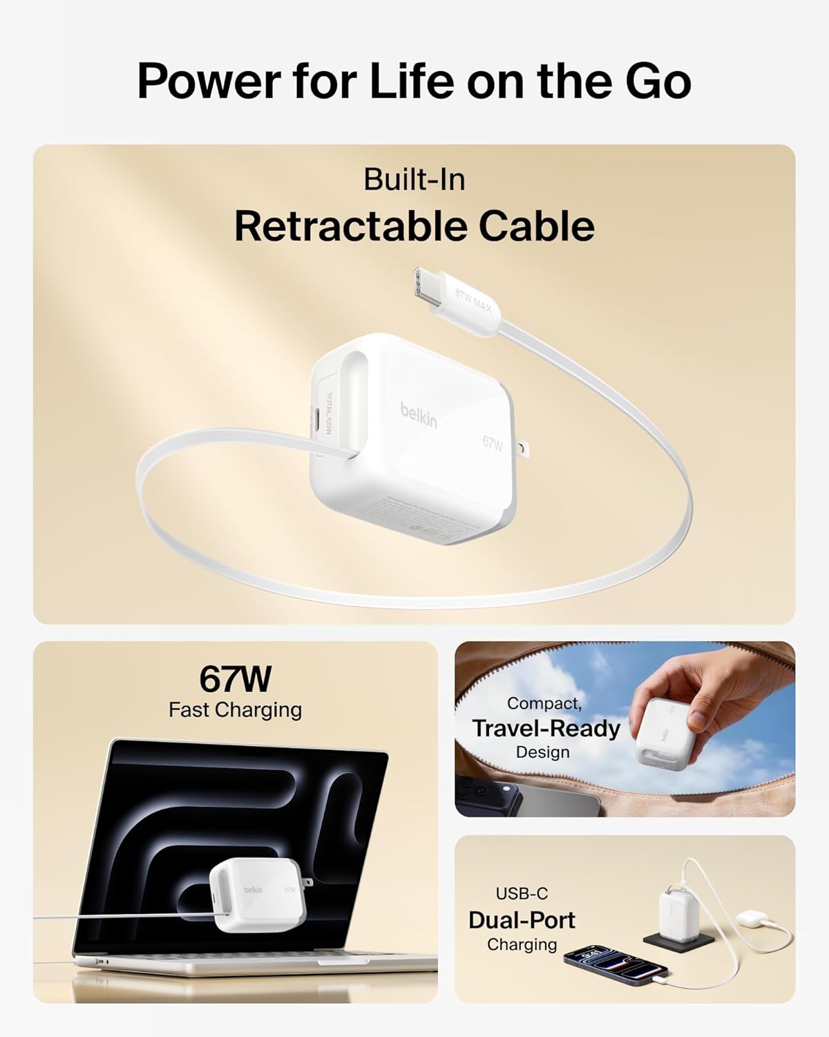 Belkin USB C Retractable Wall Charger, 67W Max GaN Fast Charging Block w/Built-in, Extra-Long 3.3ft Retractable Cable - iPhone Charger for iPhone 17/16 Series, Galaxy, MacBook, AirPods, iPad, & More