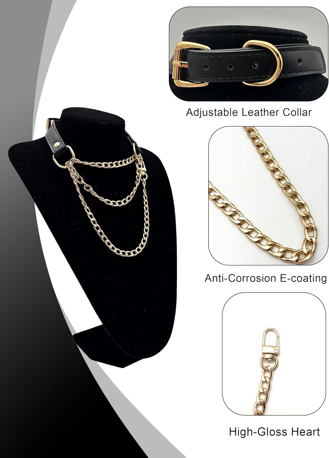 Handmade Black Vegan Leather Choker Collar For Women, Adjustable Triple-Layer Slip Chain Necklace
