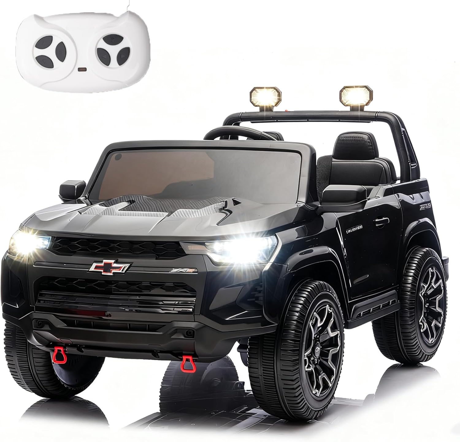 POSTACK Official License Chevrolet 24V 7Ah Big Battery Powered Kids Ride On Toy Car 2-Seater Truck with Remote Control, LED Bright Lights and Music Play Children Gifts for Boys and Girls Black