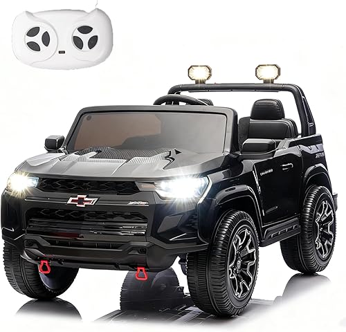 POSTACK Chevrolet 24V 7Ah - Vehículo de juguete con batería grande para niños, camión de 2 plazas con control remoto, luces LED brillantes y juego