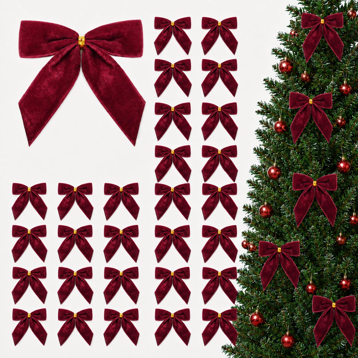 36 Burgundy Velvet Christmas Bows, Red Bows for Christmas Tree Decor
