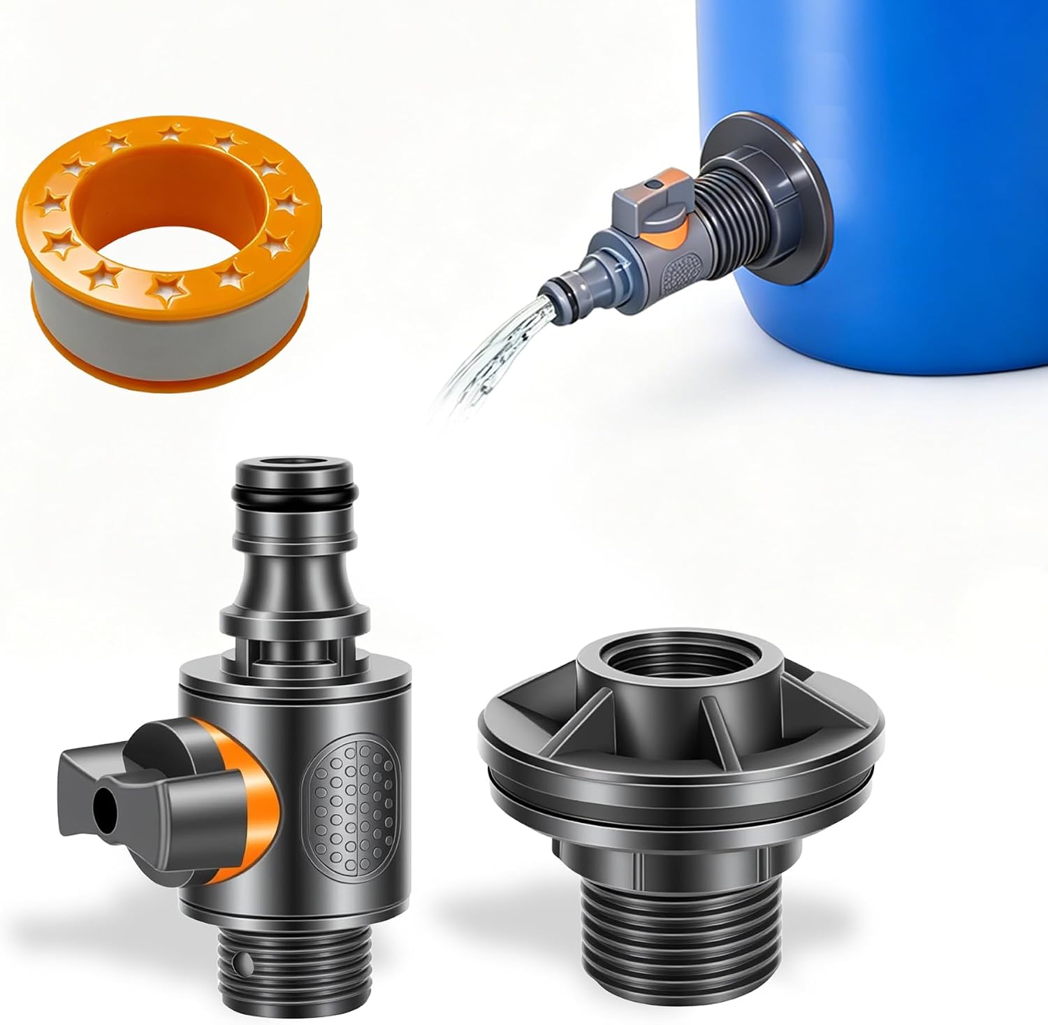 QTG PVC Rain Barrel Spigot Kit, 3/4" Quick Valve with Bulkhead & PTFE Tape