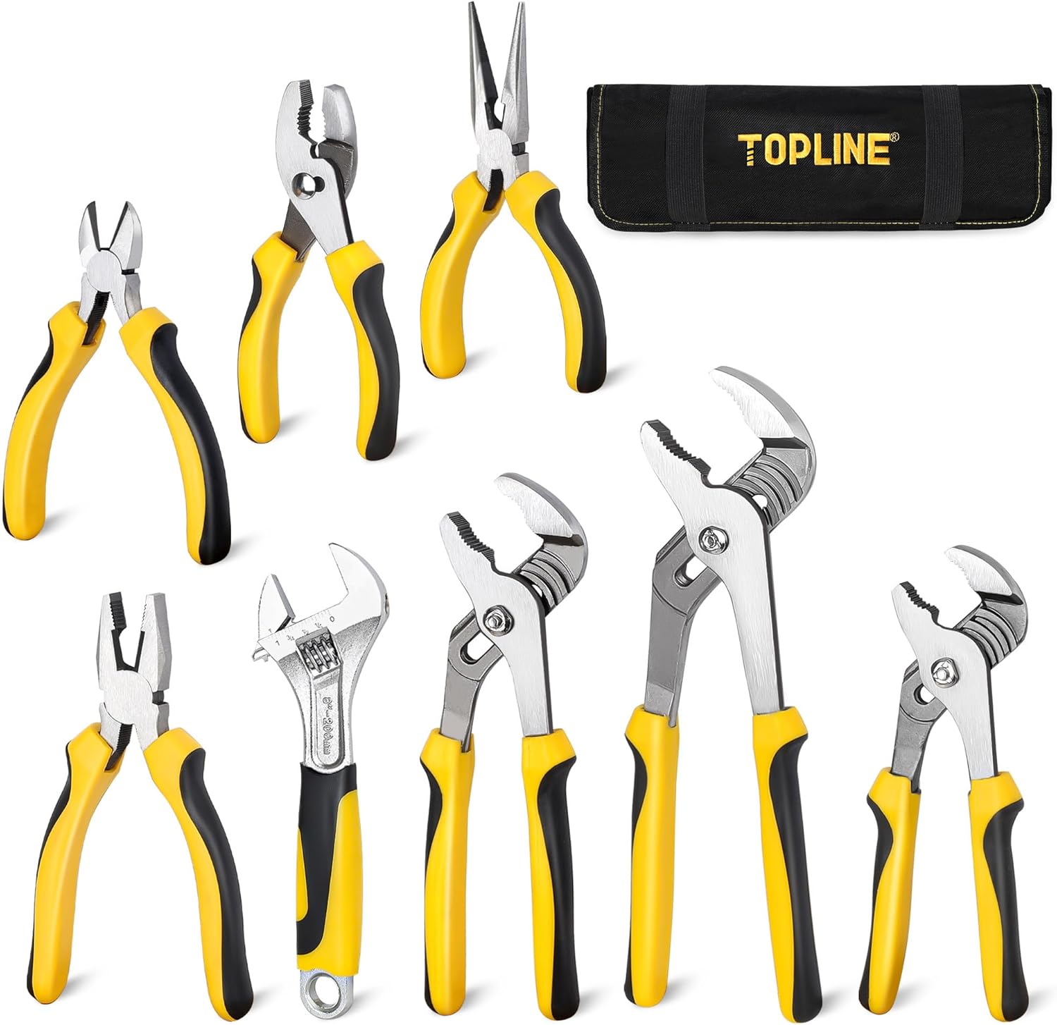 TOPLINE 8-Piece Pliers and Wrench Set, 8” Adjustable Wrench, 12”, 10”, 8” Groove Joint, 7” Linesman, 6” Slip Joint, 6” Long Nose, 6” Diagonal Pliers for Home Repair, Rolling Pouch Included