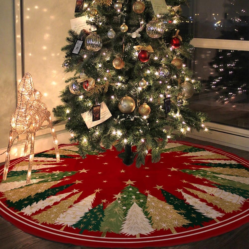 Falda Arbol Navidad de 122cm(48 Pulgadas), Cubre Pie Arbol de Navidad con Estrellas Brillantes y Patrón de árbol, Adecuado para Decoracion, Fiestas