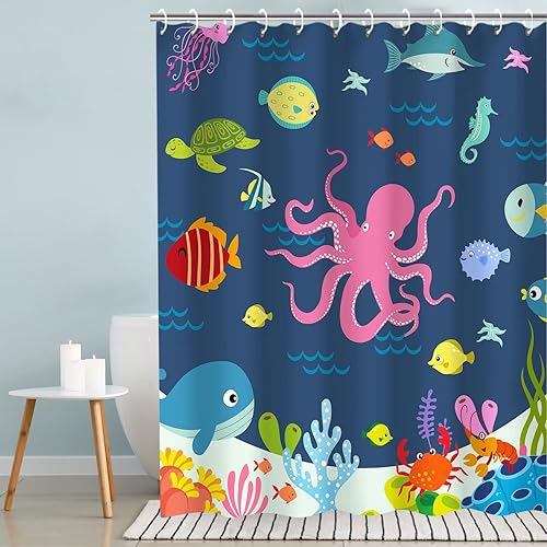 RosieLily Cortinas de ducha para niños, cortina de ducha de tiburón, cortina de ducha para niños y niñas, cortina de ducha para niños y niñas,