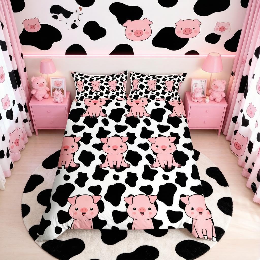 Funda de edredón de cerdo rosa para niños, ropa de cama y lino de color negro, blanco y negro, juego de cama de vaca para niños y niñas, dibujos animados granja animales ropa de cama y lino ultra sua