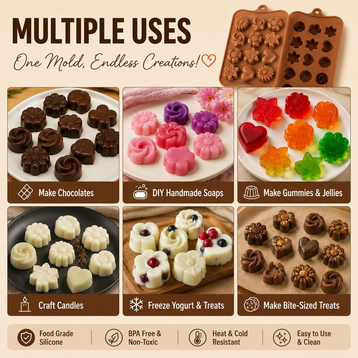 Silicone Chocolate Mould - 15 Cavities, 5 Shapes -6 Silicone Chocolate Mould - 15 Cavities, 5 Shapes -6