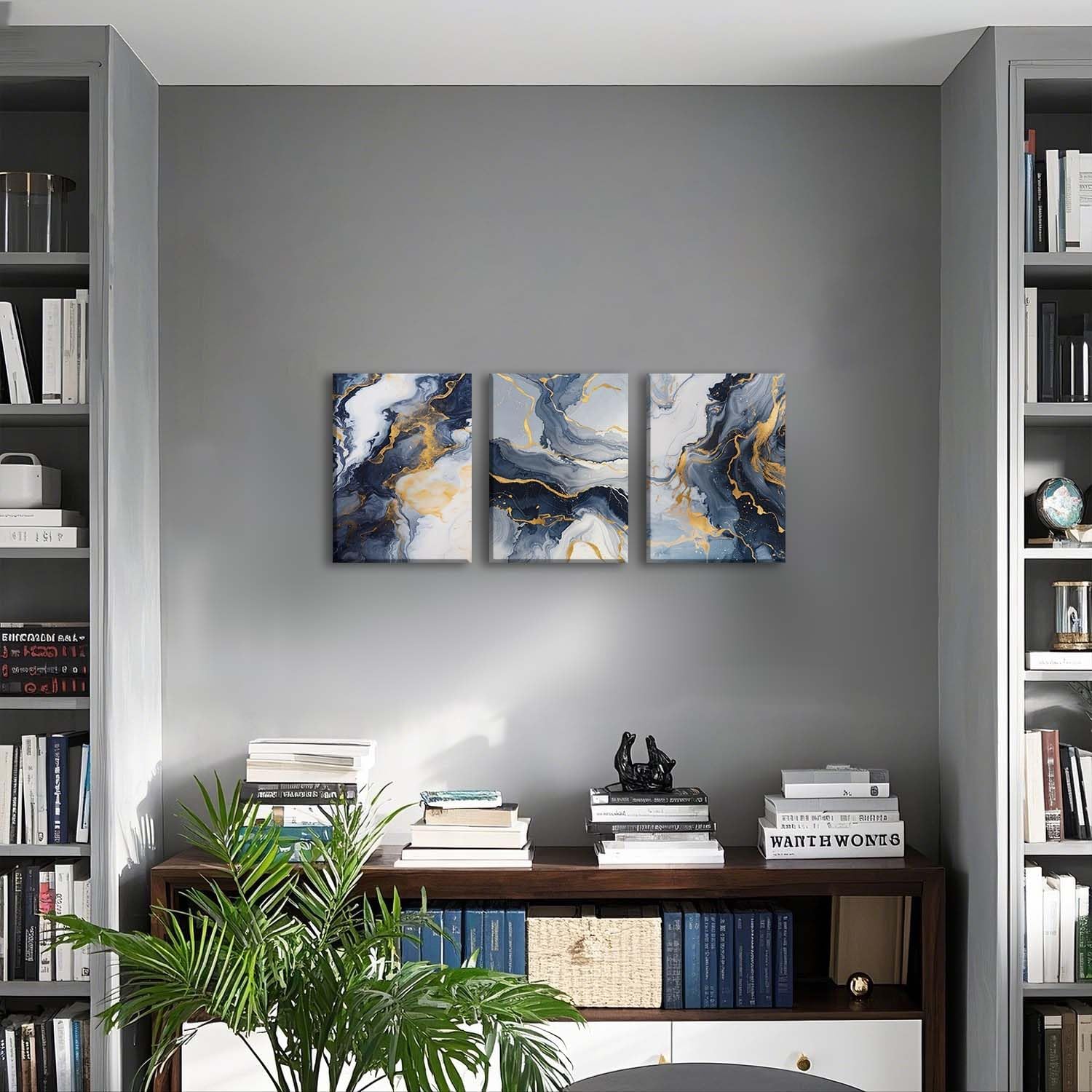 ZQARTZZQ 3 Piece Framed Wall Art Abstract Wall Decor Navy Blue and Gold Pictures Ink Wash Canvas Art Modern Minimalism Paintings Artwork For Living Room Bedroom Office12x16in