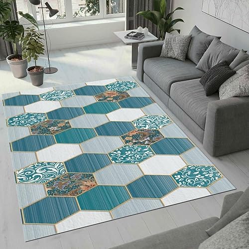 Miniatura 3 de Alfombra retro floral 70S, hexagonal cian, lavable a máquina, alfombra de cocina para interiores, alfombra de pelo bajo, alfombra de pelo corto,