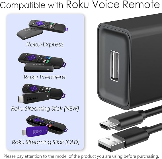 Micro USB Power Cord Adapter for Roku Streaming Stick, Roku Express Plus, Roku Premier/Plus, Roku Voice Remote Pro, 5V Replacement Plug Cable(Not for Roku Ultra & Roku Streaming Stick Plus)