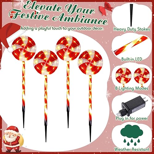 Miniatura 3 de Baquler - Paquete de 8 luces navideñas para caminos al aire libre, 152 luces LED de piruleta de menta con 8 modos de iluminación, impermeables,