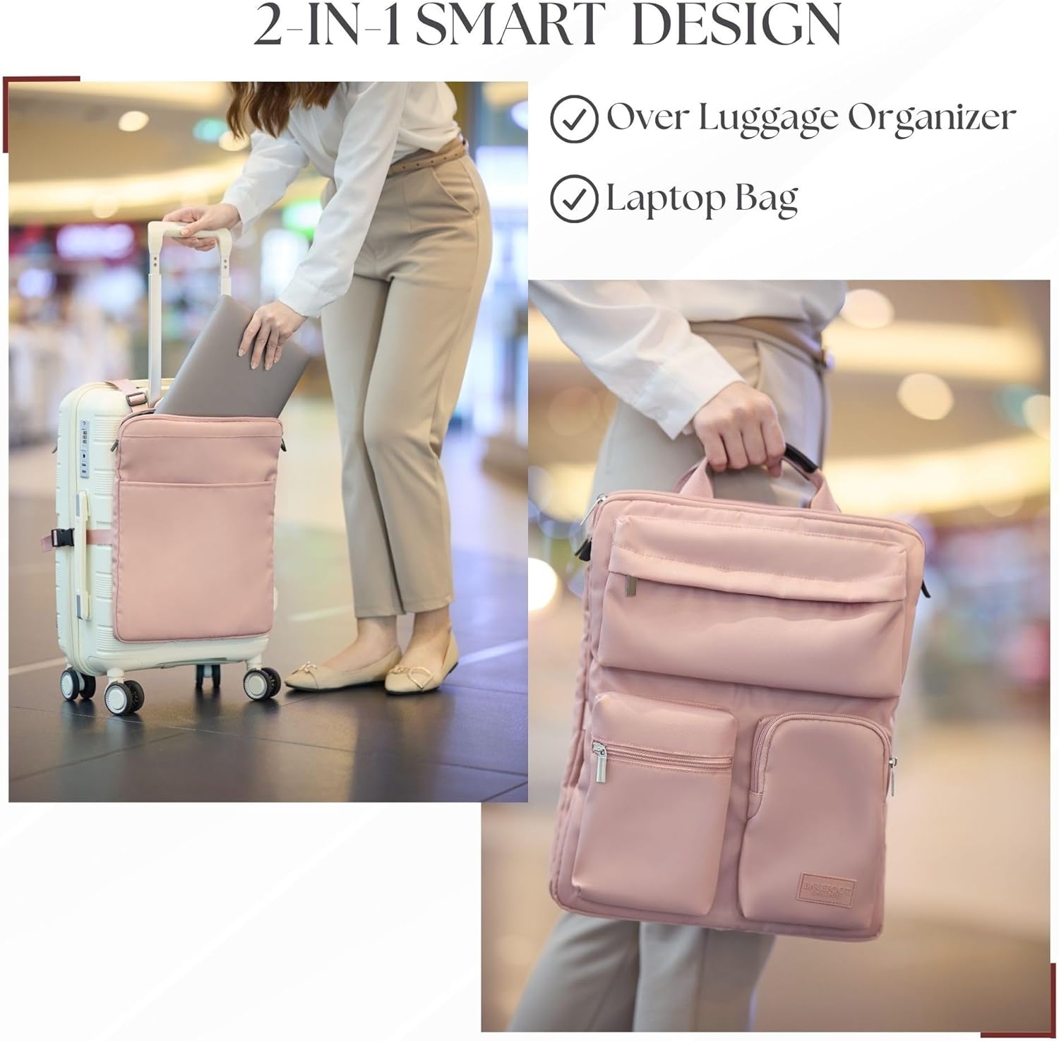 BAREFOOT CARIBOU Over Luggage Organizer for Carry On Bag or Suitcase with Storage Pockets, 16” Laptop Sleeve with Handle, Travel Accessories Bag Slide On Luggage Harness with Adjustable Straps (Pink)