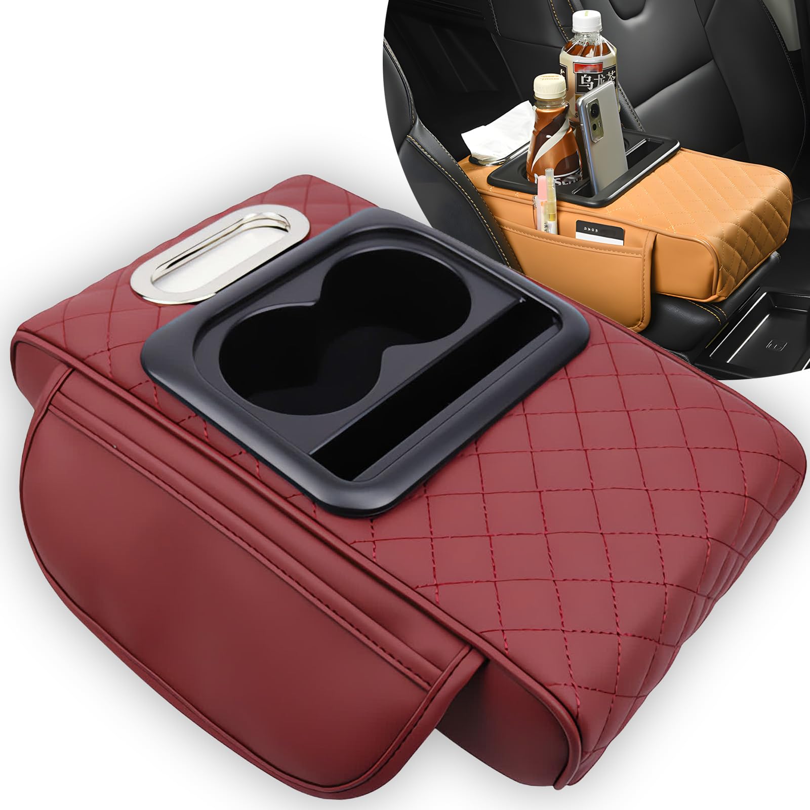 Multifunctional PU Leather Car Armrest Box Mat, 5-in-1 Multifunctional Car Armrest Cushion, Center Console Cover with 2 Cup Holder, For Storing