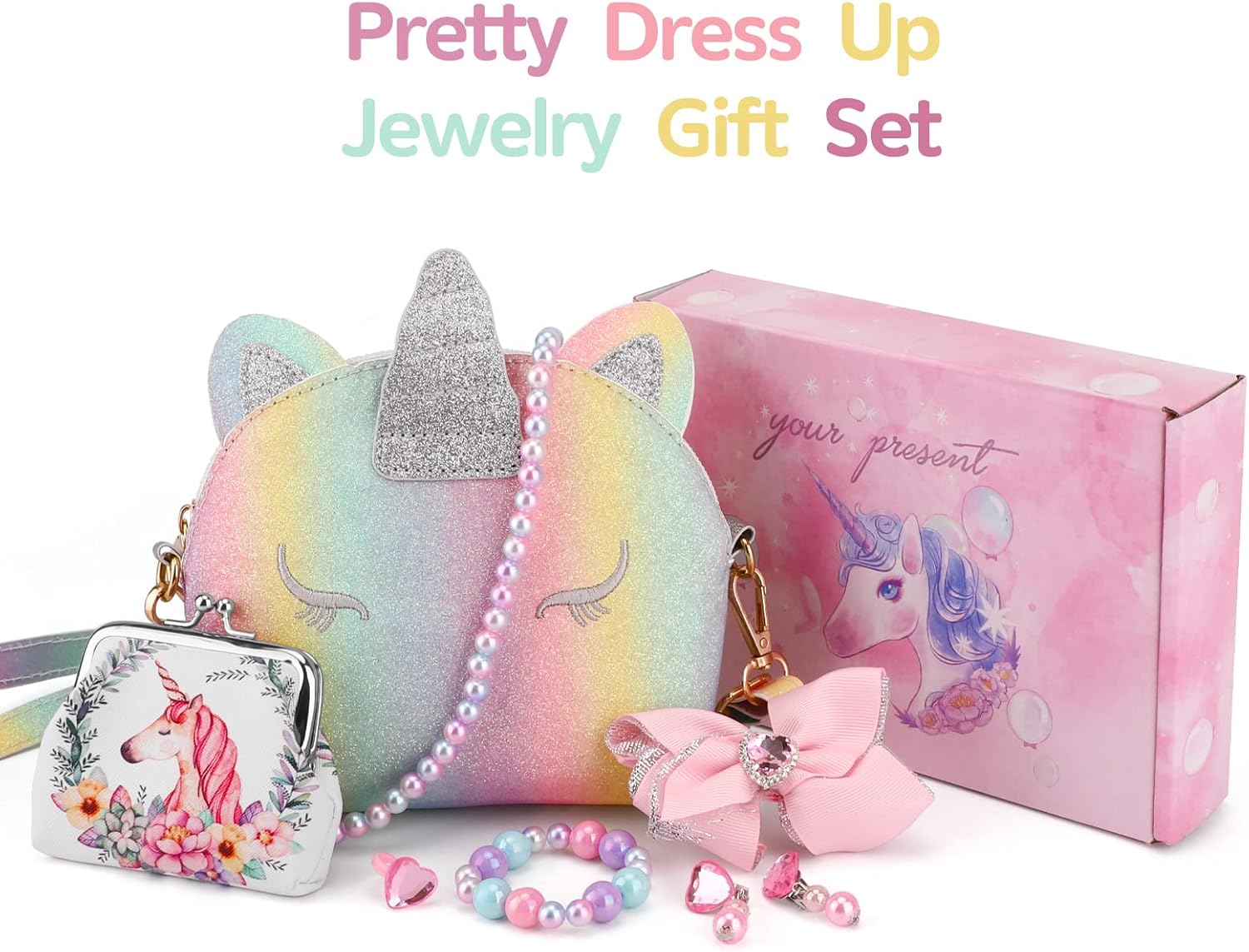 JYPS 7-Piece Unicorn Princess Purse Set - Girls' Dress-Up Accessories with Jewelry & Wallet - Pretend Play Toys for Ages 3+